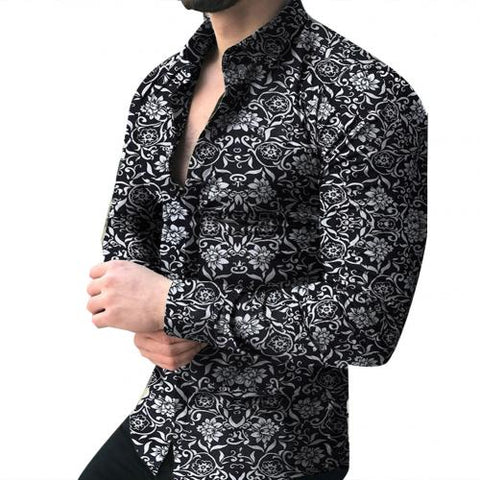Image of Fashion Shirts For Men Long Sleeve Floral Print Shirt Autumn Shirts Men Dress Camisa Button Lapels Collar Male Turn Down Collar