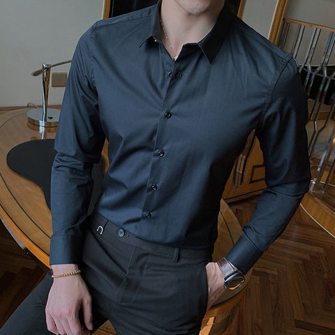 Image of 2019 New Fashion Cotton Long Sleeve Shirt Solid Slim Fit Male Social Casual Business White Black Dress Shirt 5XL 6XL 7XL 8XL