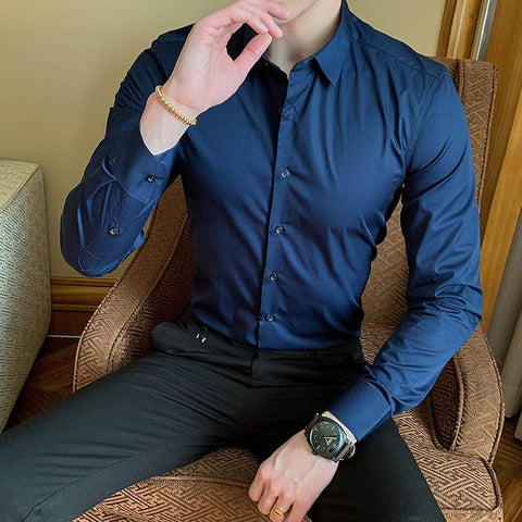 Image of 2019 New Fashion Cotton Long Sleeve Shirt Solid Slim Fit Male Social Casual Business White Black Dress Shirt 5XL 6XL 7XL 8XL