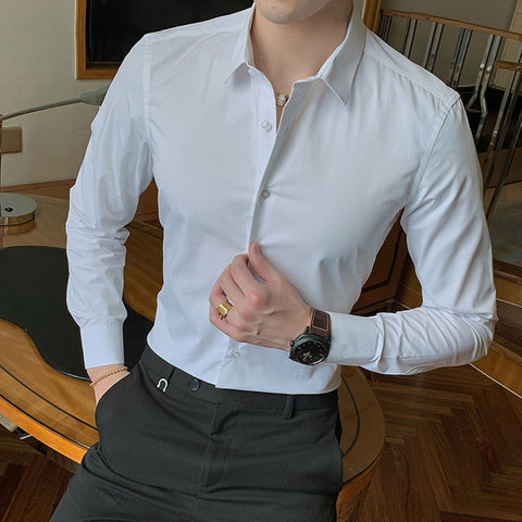 Image of 2019 New Fashion Cotton Long Sleeve Shirt Solid Slim Fit Male Social Casual Business White Black Dress Shirt 5XL 6XL 7XL 8XL