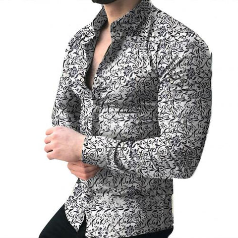 Image of Fashion Shirts For Men Long Sleeve Floral Print Shirt Autumn Shirts Men Dress Camisa Button Lapels Collar Male Turn Down Collar