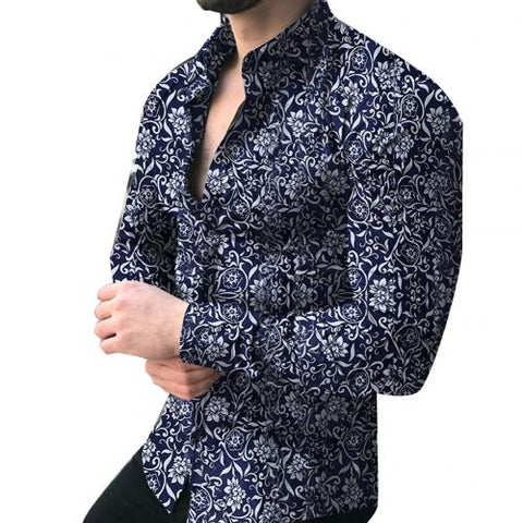 Image of Fashion Shirts For Men Long Sleeve Floral Print Shirt Autumn Shirts Men Dress Camisa Button Lapels Collar Male Turn Down Collar