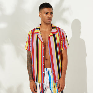 2020 Men Multi-color Vertical Striped Printed Fold-down Collar Short-sleeved Shirt Teenager  Large Size  Colored Mosaic Shirt