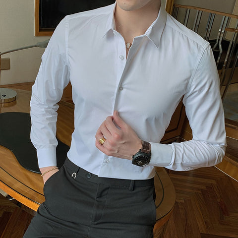 Image of 2019 New Fashion Cotton Long Sleeve Shirt Solid Slim Fit Male Social Casual Business White Black Dress Shirt 5XL 6XL 7XL 8XL
