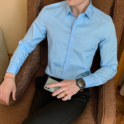 Image of 2019 New Fashion Cotton Long Sleeve Shirt Solid Slim Fit Male Social Casual Business White Black Dress Shirt 5XL 6XL 7XL 8XL